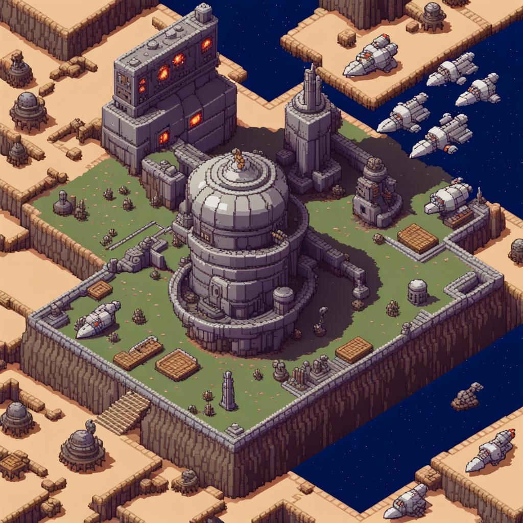 Isometric Pixel Art Space Station in PS1 Style