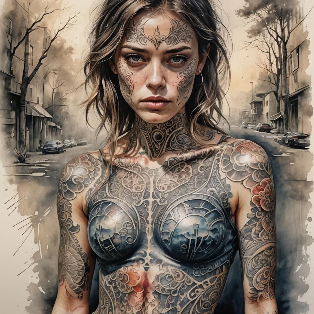 Complex Tattoo Design with Impasto and Watercolor