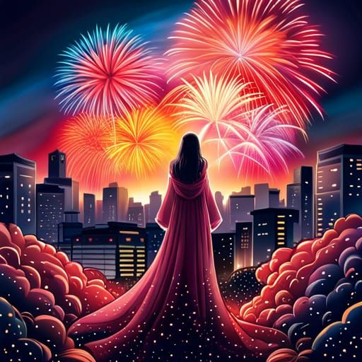Anime Woman Watching Fireworks in Night Sky