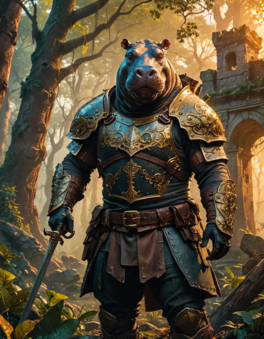 Fantasy Hippo Rogue in Mystical Forest