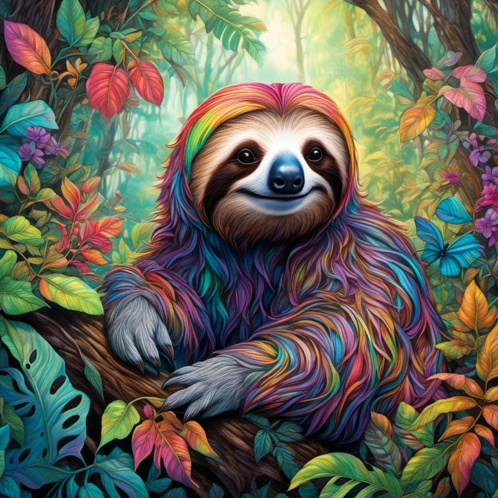Rainbow Sloth in Woodland Glade: Ink and Pencil Art