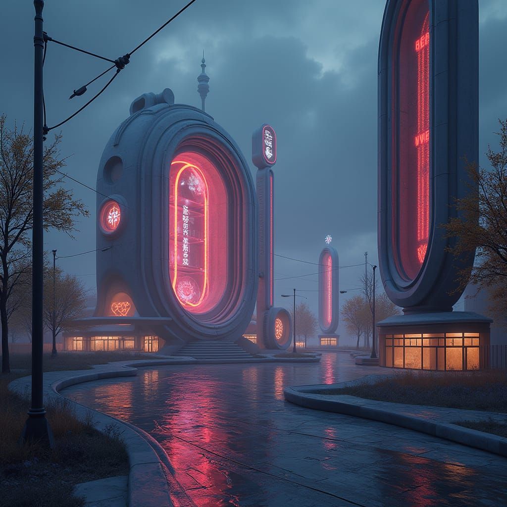 Futuristic Cityscape with Binary Structures in Neon Light