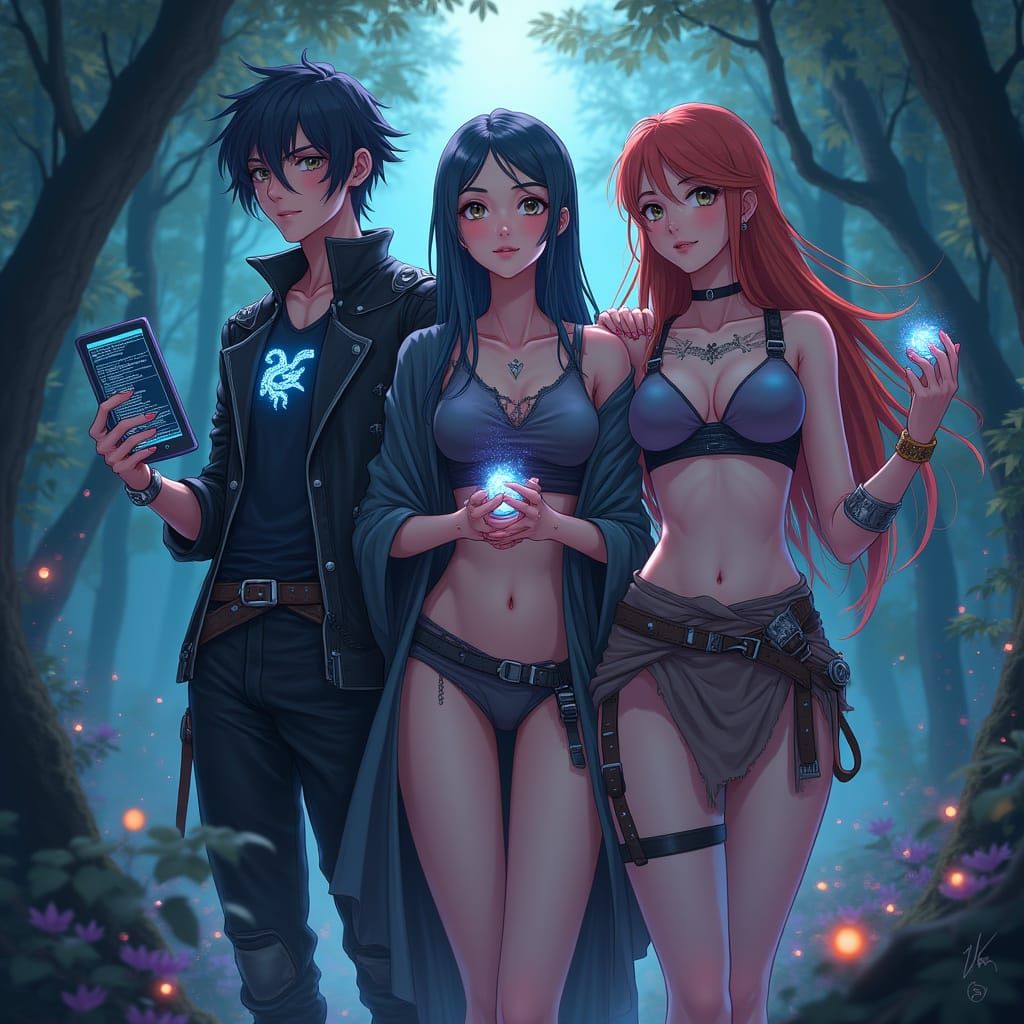 Anime Goddesses Unite in Harmony within Glowing Digital Fore...