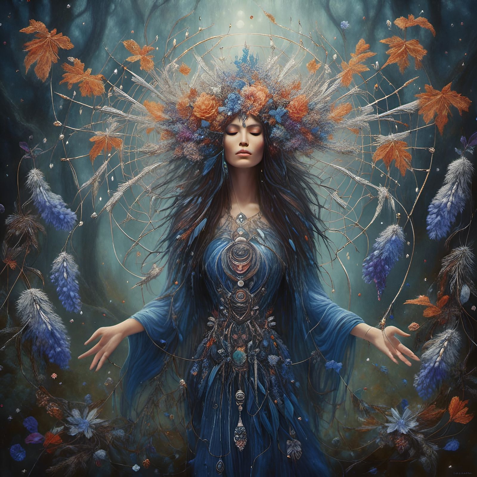 Shaman Woman in Forest: Klimt-Style Illustration