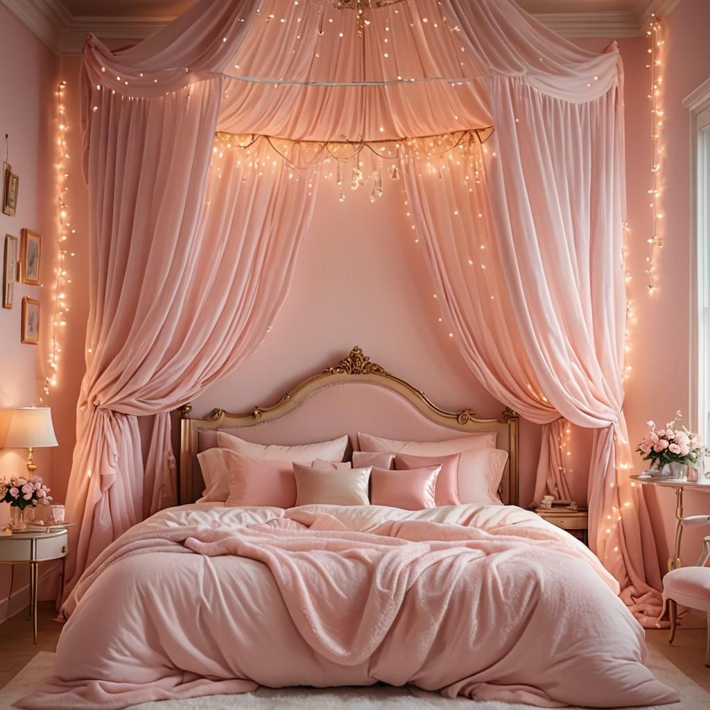Luxurious Princess Bed in Soft Pink Watercolor