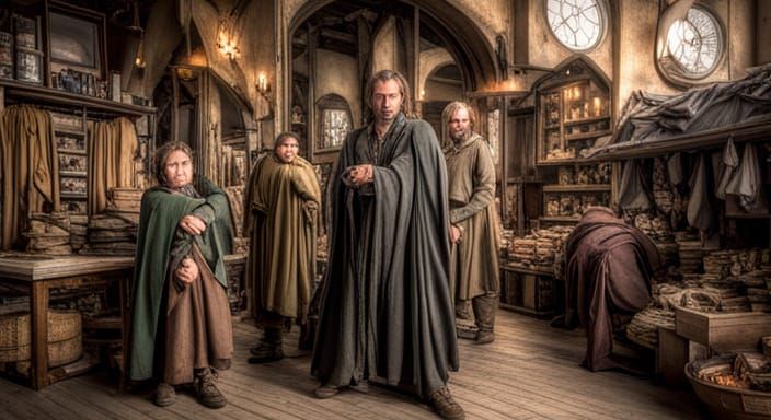 Gandalf🧙🏼♂️ made a magic photo of Frodo👦, Gimli🧔, Aragorn🤴🏻 and Legolas🧝🏻♀️ in a medieval clothes shop🧥👚👕.