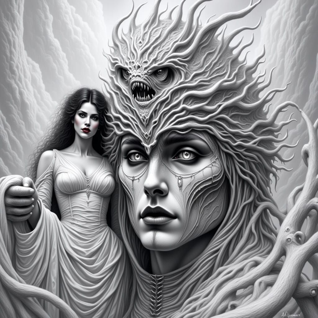 Gothic Creatures in Monochrome with Bold Outlines