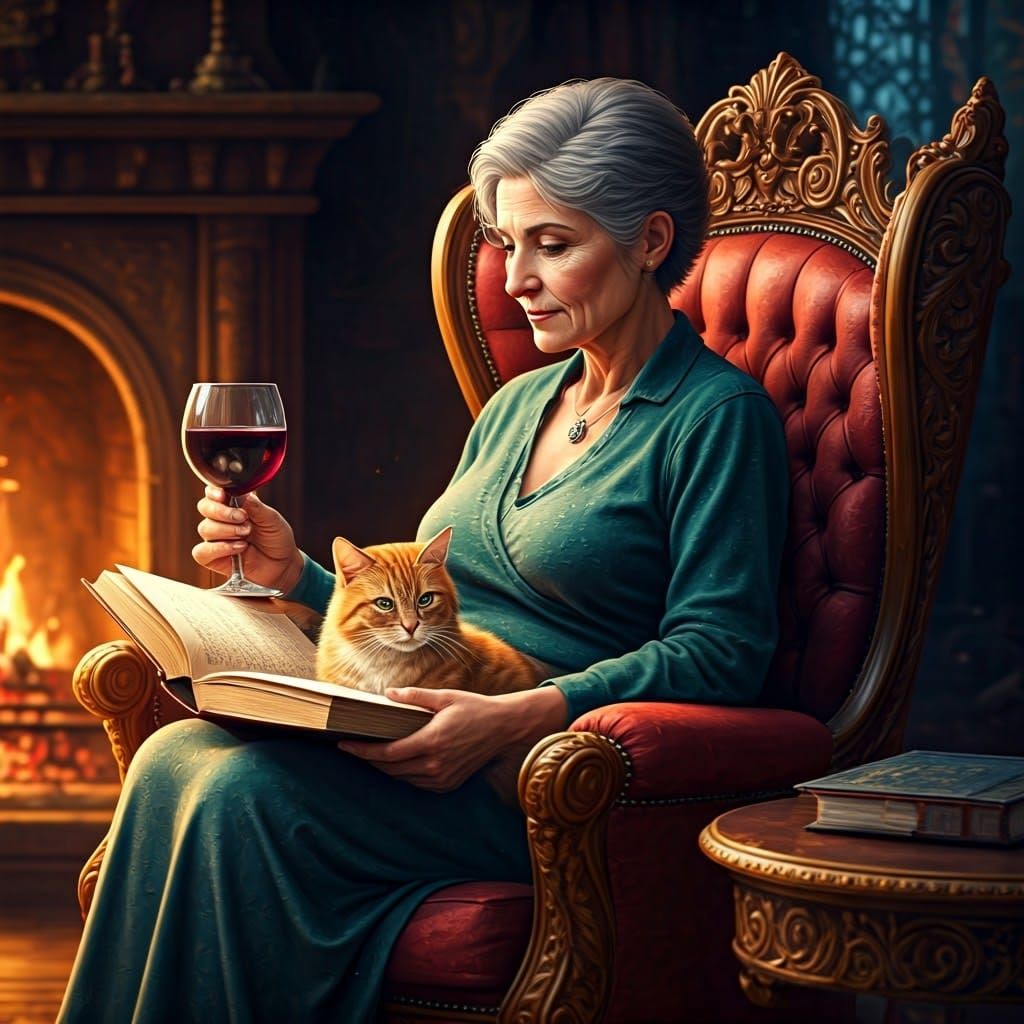 Elegant Lady in Cozy Armchair with Tabby Cat