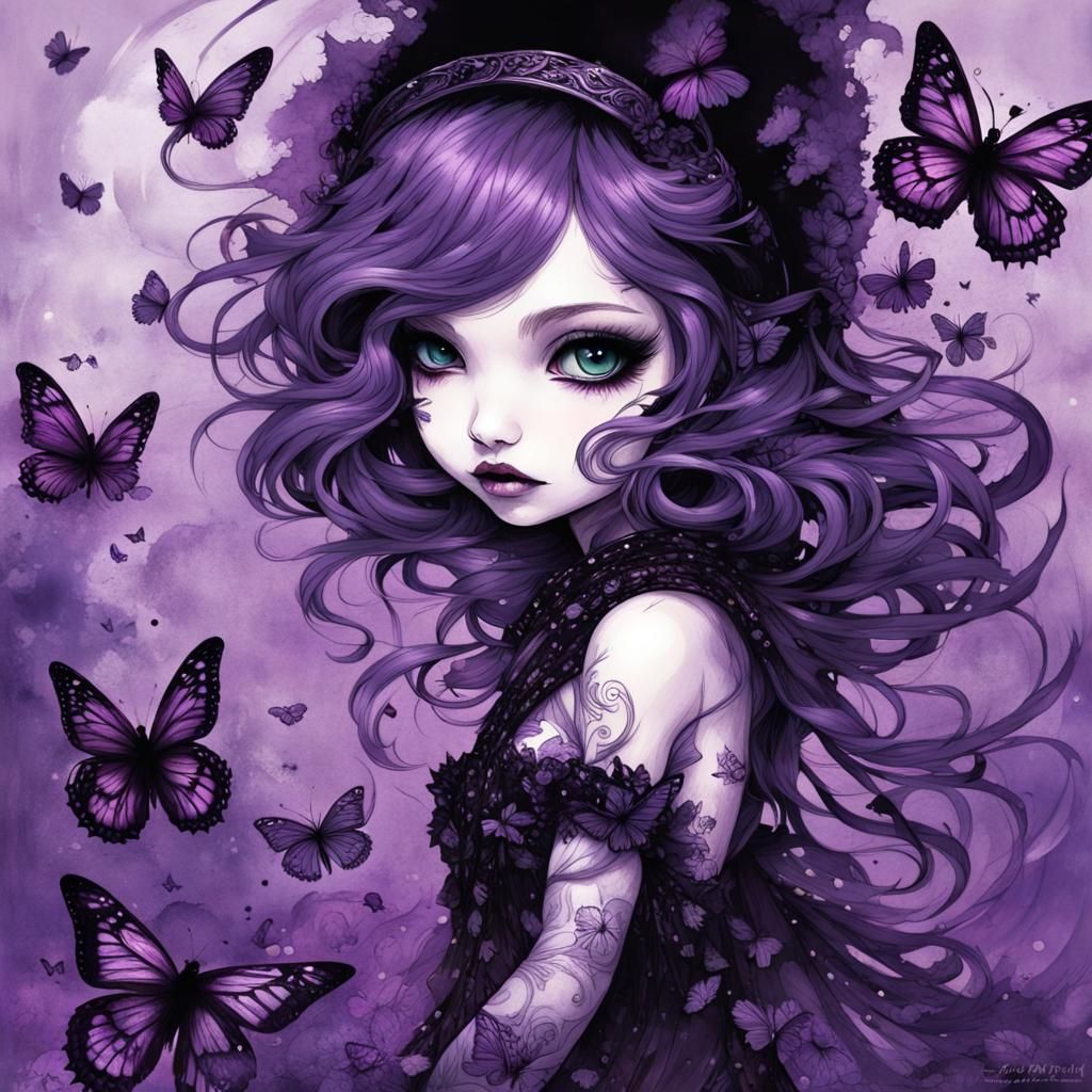 Fluffy Purple Creature Chasing Butterflies in Fantasy Art