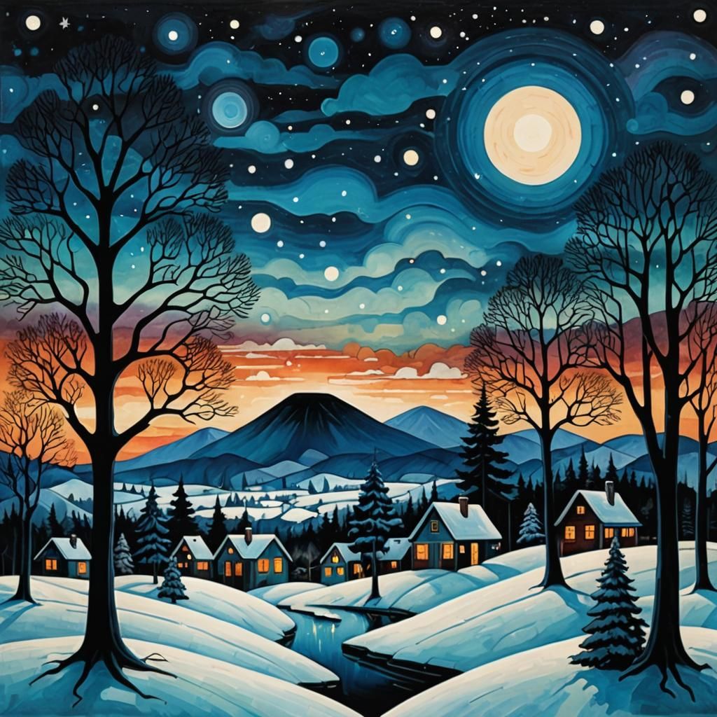 Whimsical Winter Landscape with UFO, Detailed Oil Painting