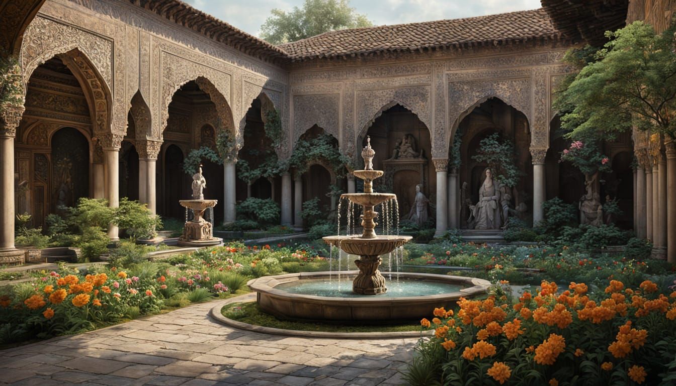 Elegant Noblewoman in a Serene Persian Garden Courtyard