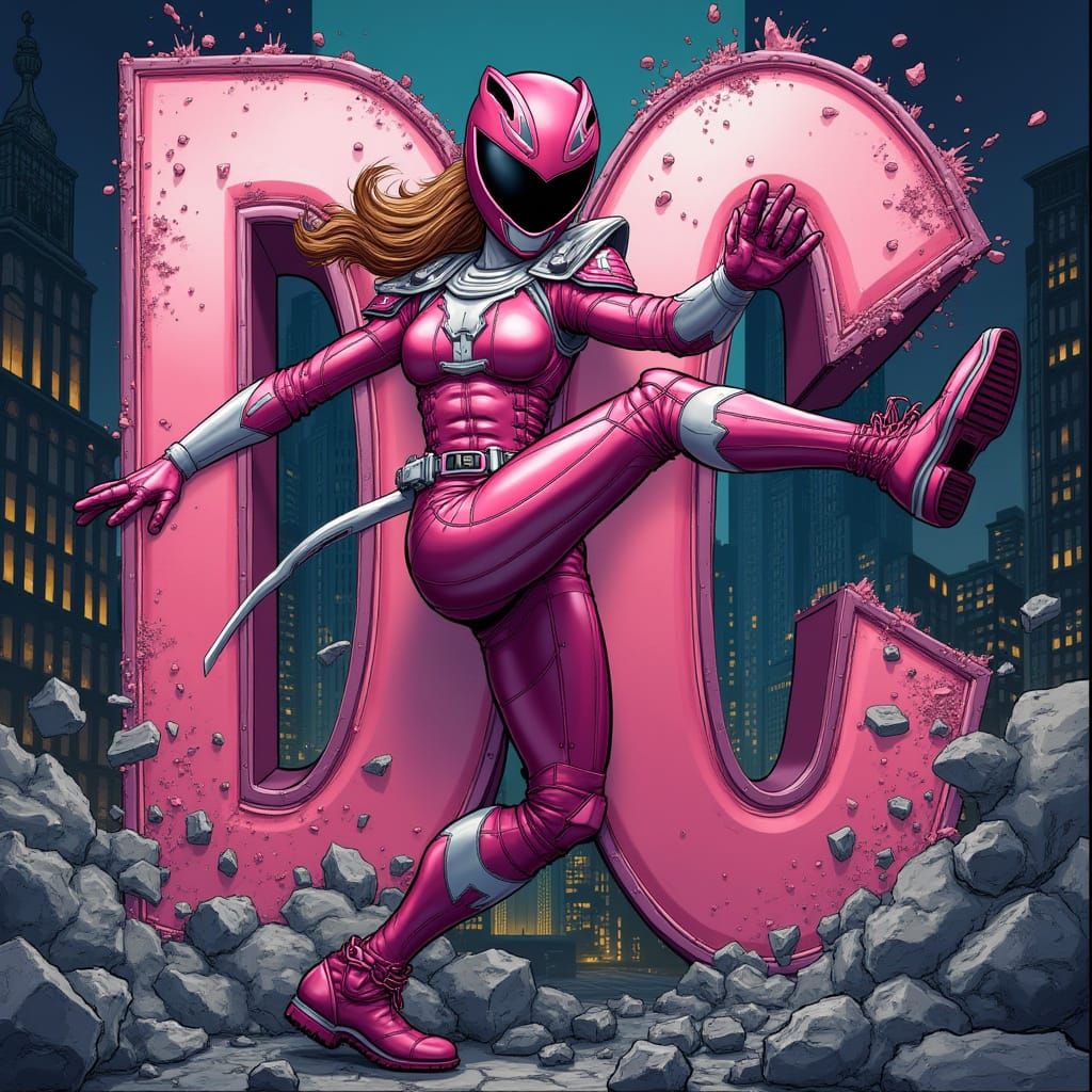 Sleek Pink Ranger Smashes DC Letters in Gritty City