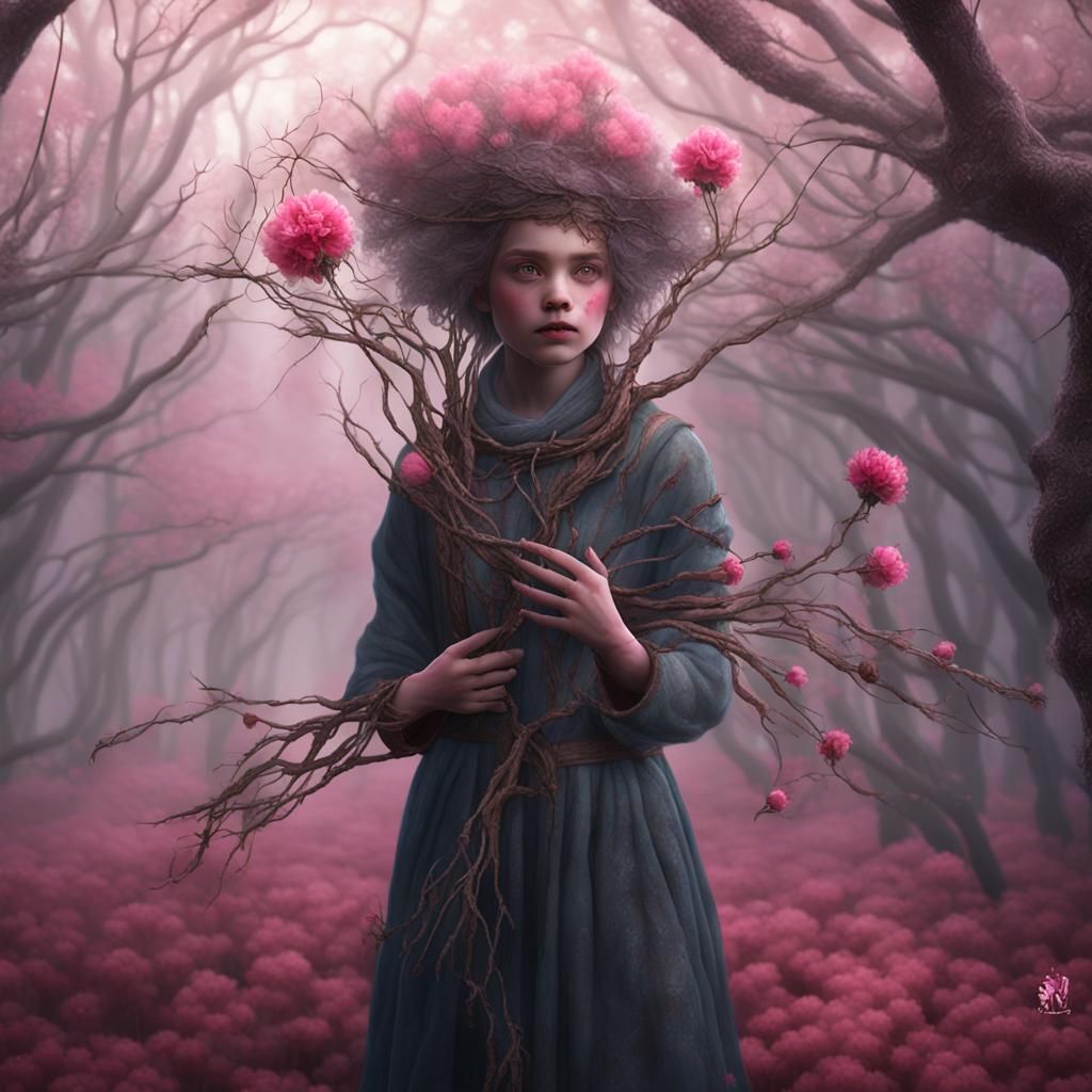 Ethereal Girl with Carnation in Mystical Forest