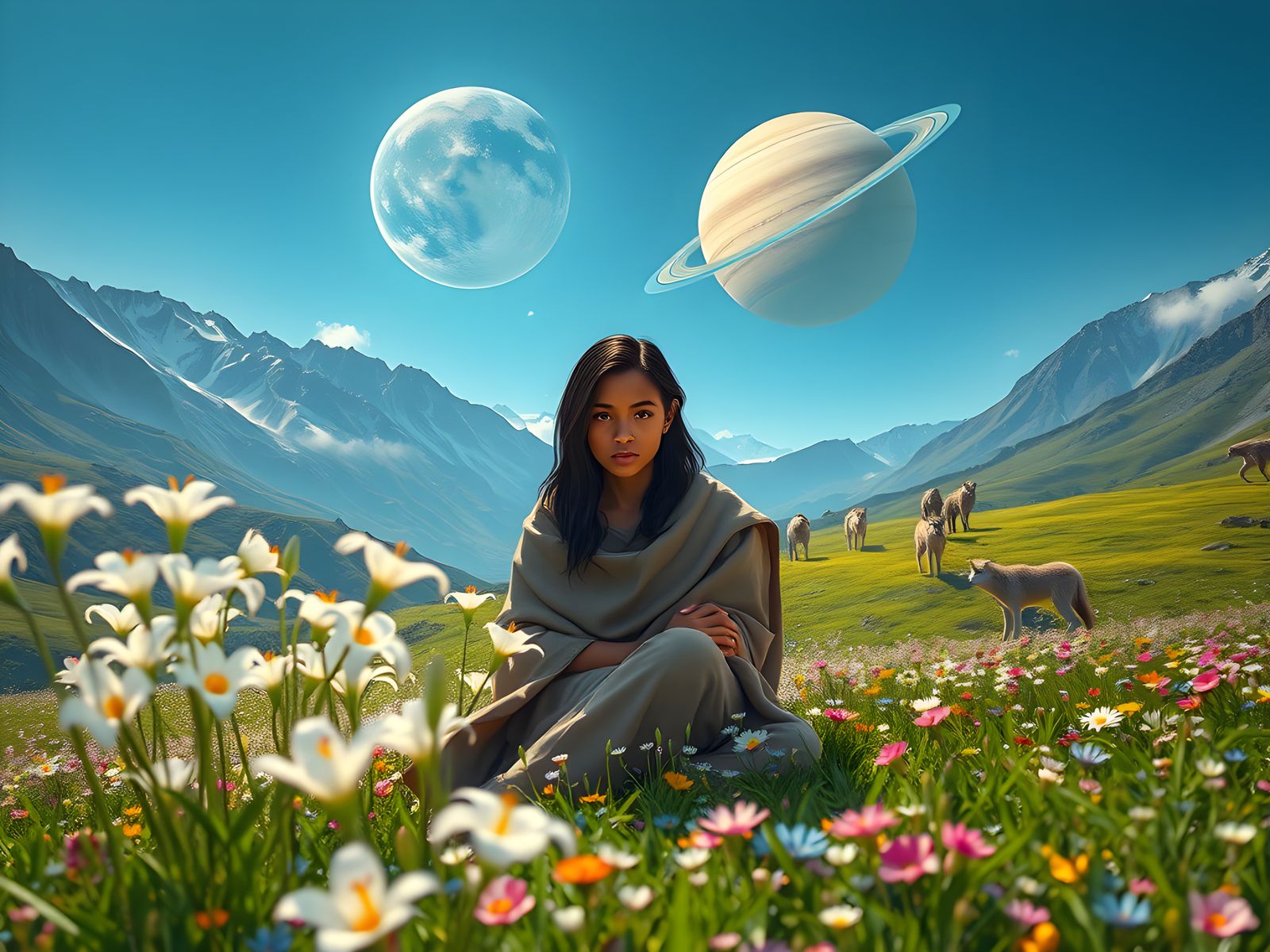 Black Girl in Lily Forest with Saturn Planets