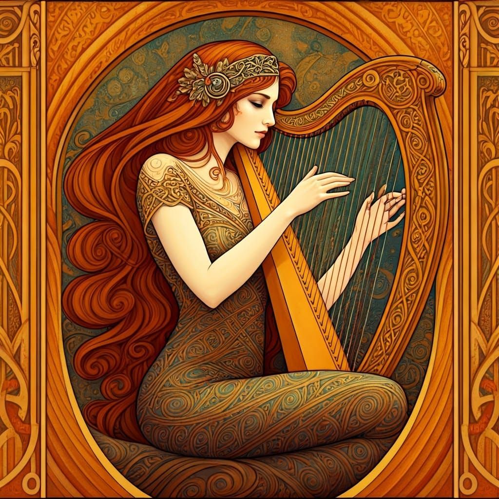 Elegant Celtic Harpist in Art Deco Splendor