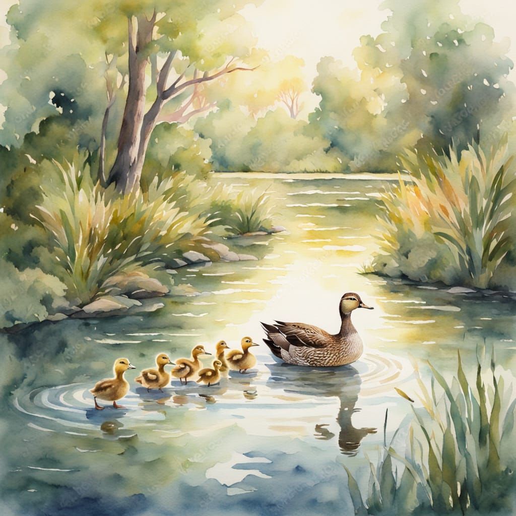 Mother Duck Leads Ducklings to Serene Pond