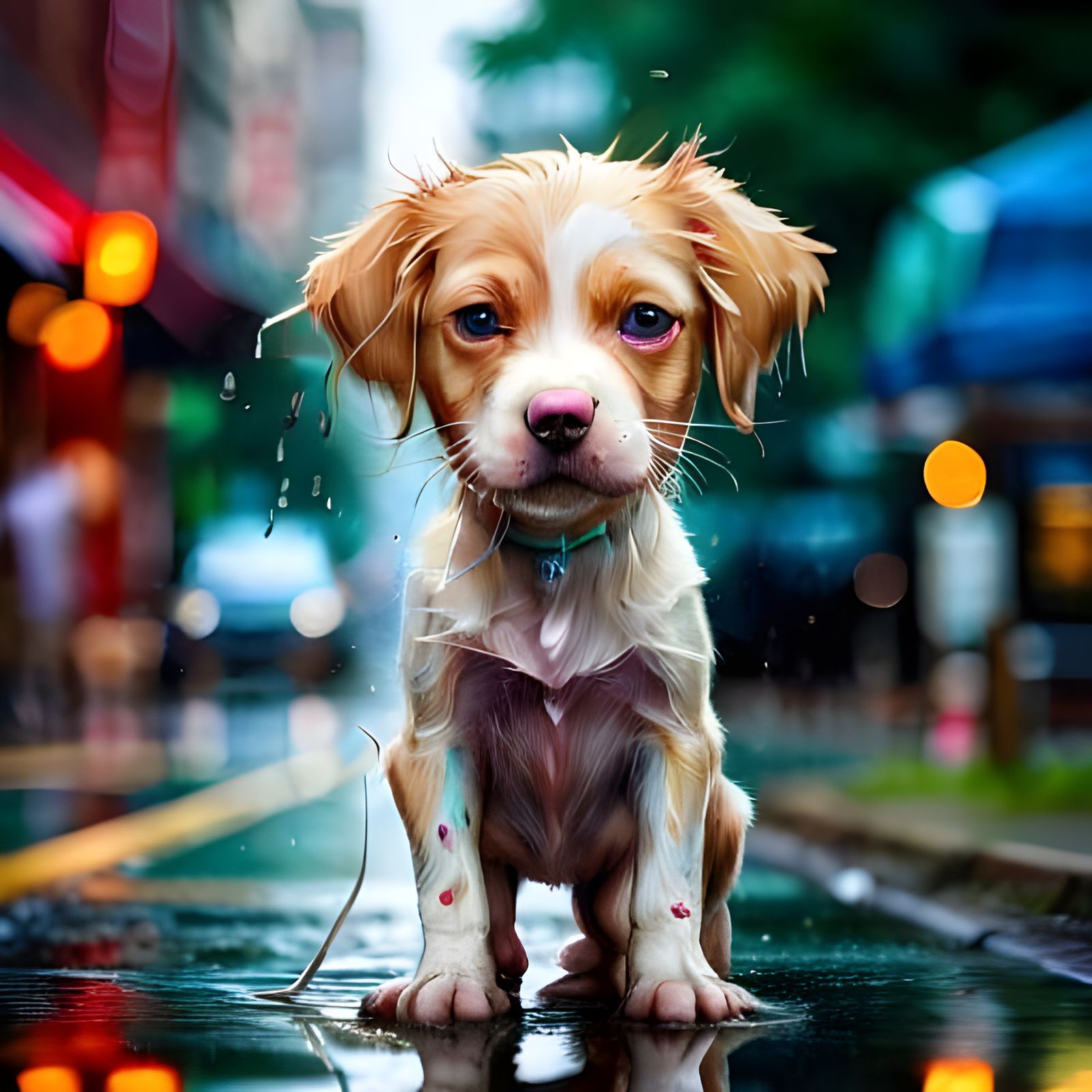 Hyperrealistic Puppy in Rain, Digital Splash Art