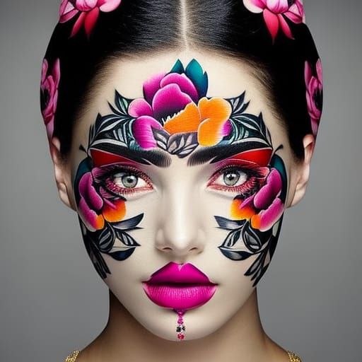 Hyperrealistic Woman with Peony Flowers and Tattoos