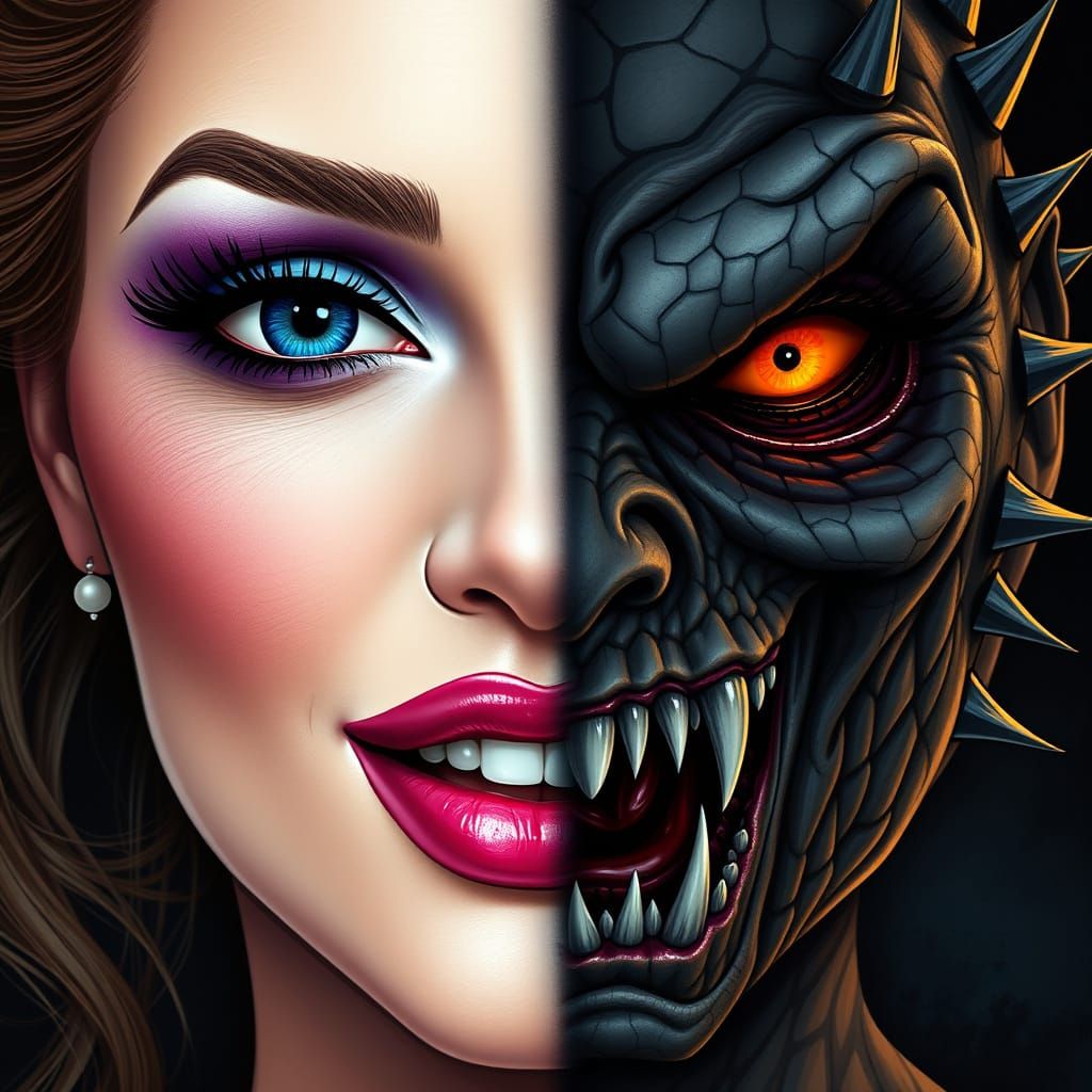 Glamorous Demonic Duality in Hyper-Realistic Mask