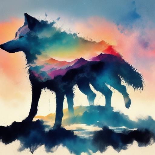Wolf and Mountain Double Exposure in Watercolor Style
