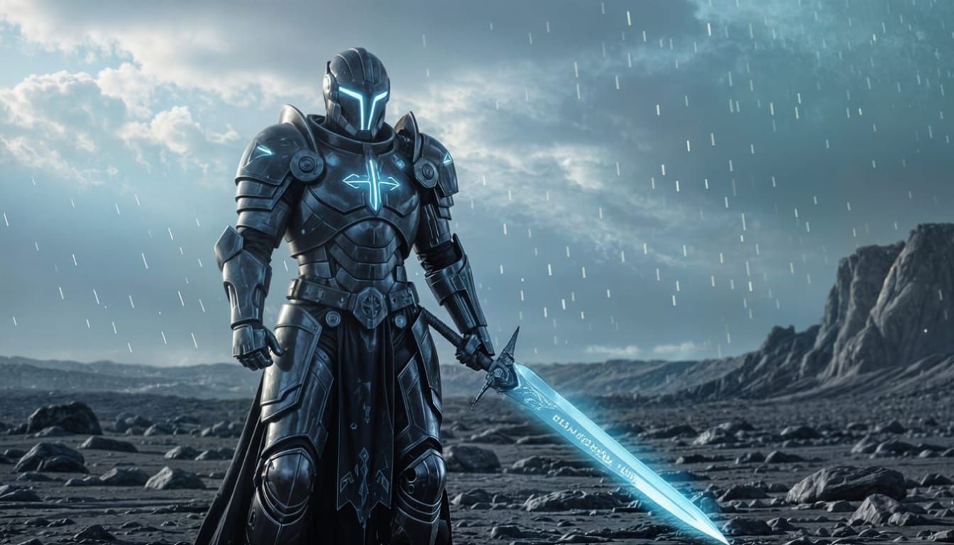 Cyborg Paladin with Glowing Visor and Energy Sword