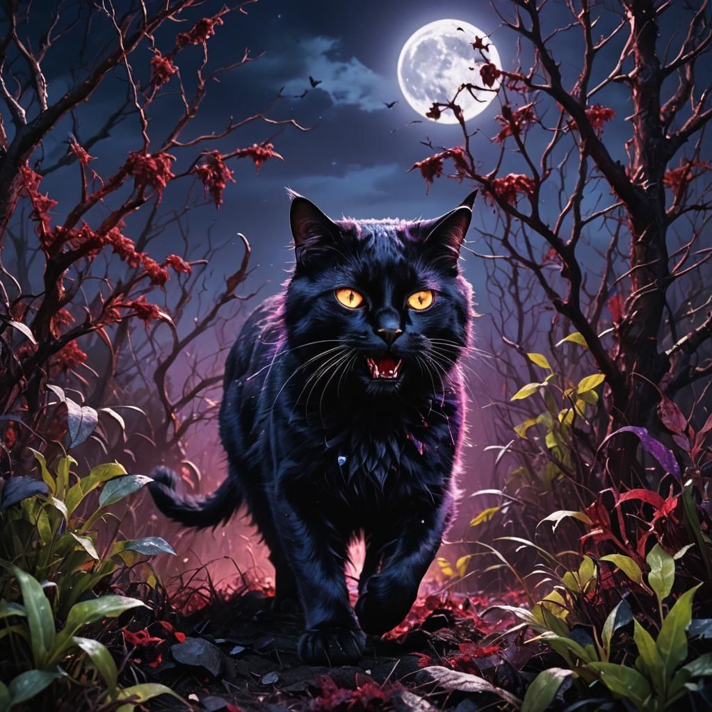 Dark Fantasy: Black Cat Emerging from Bushes