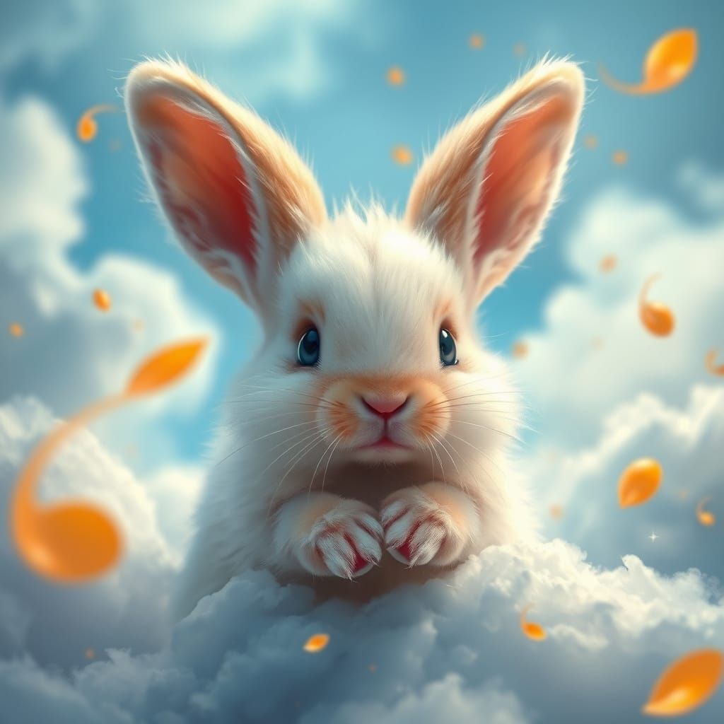 Whimsical Mini Bunny in Dreamy Cloudy Landscape