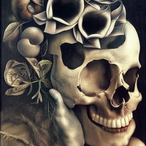 16k resolution, art by Giuseppe Arcimboldo, Rene Magritte, woman or skull, morphing illusion, surreal transformation, ar...