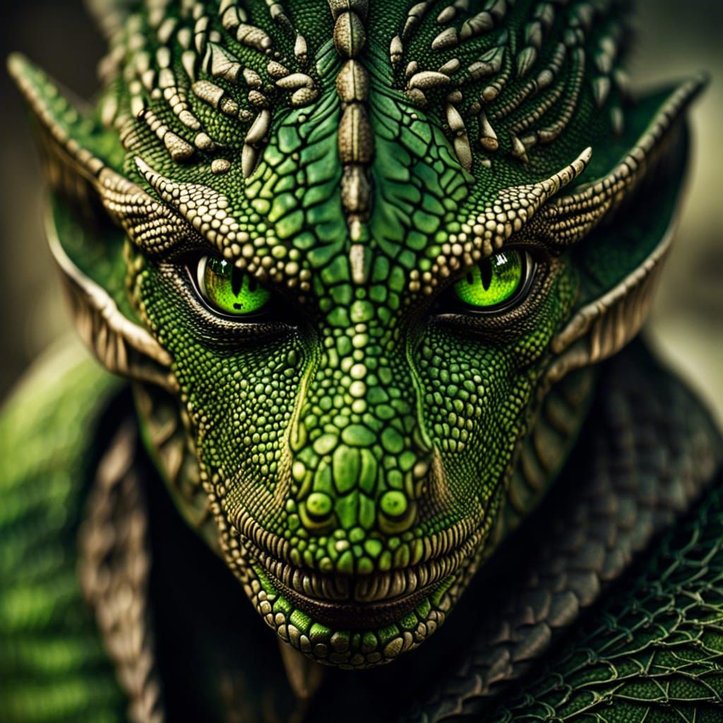 Hyperrealistic Lizard Man with Piercing Green Eyes