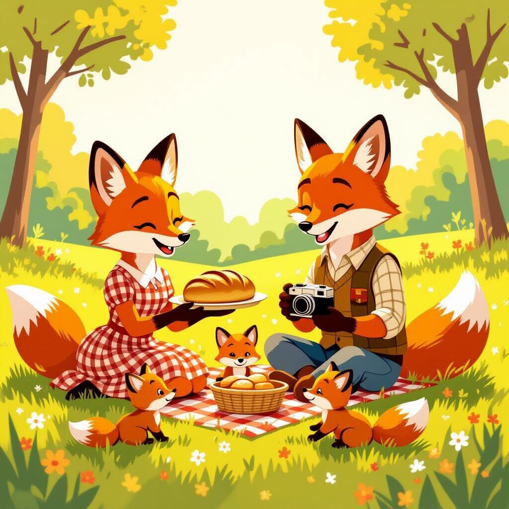 Retro Fox Family Picnic in Sunny Meadow - 1950s Illustration