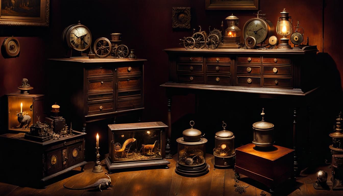 Mysterious Cabinet of Curiosities Still Life