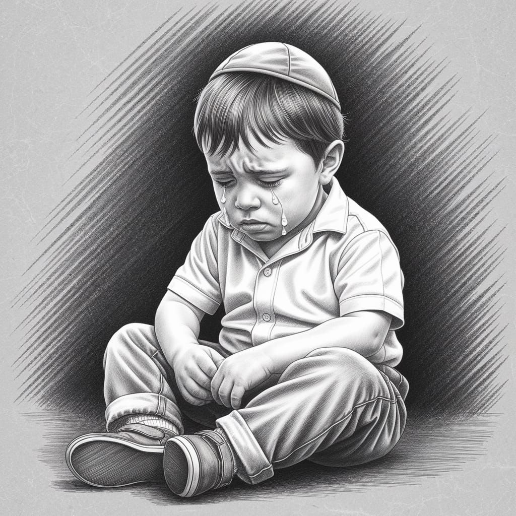 Sorrowful Jewish Boy: Grayscale Pencil Drawing