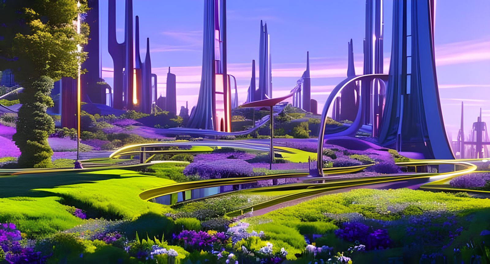 Cyberpunk City Park with Hover Cars at Sunrise