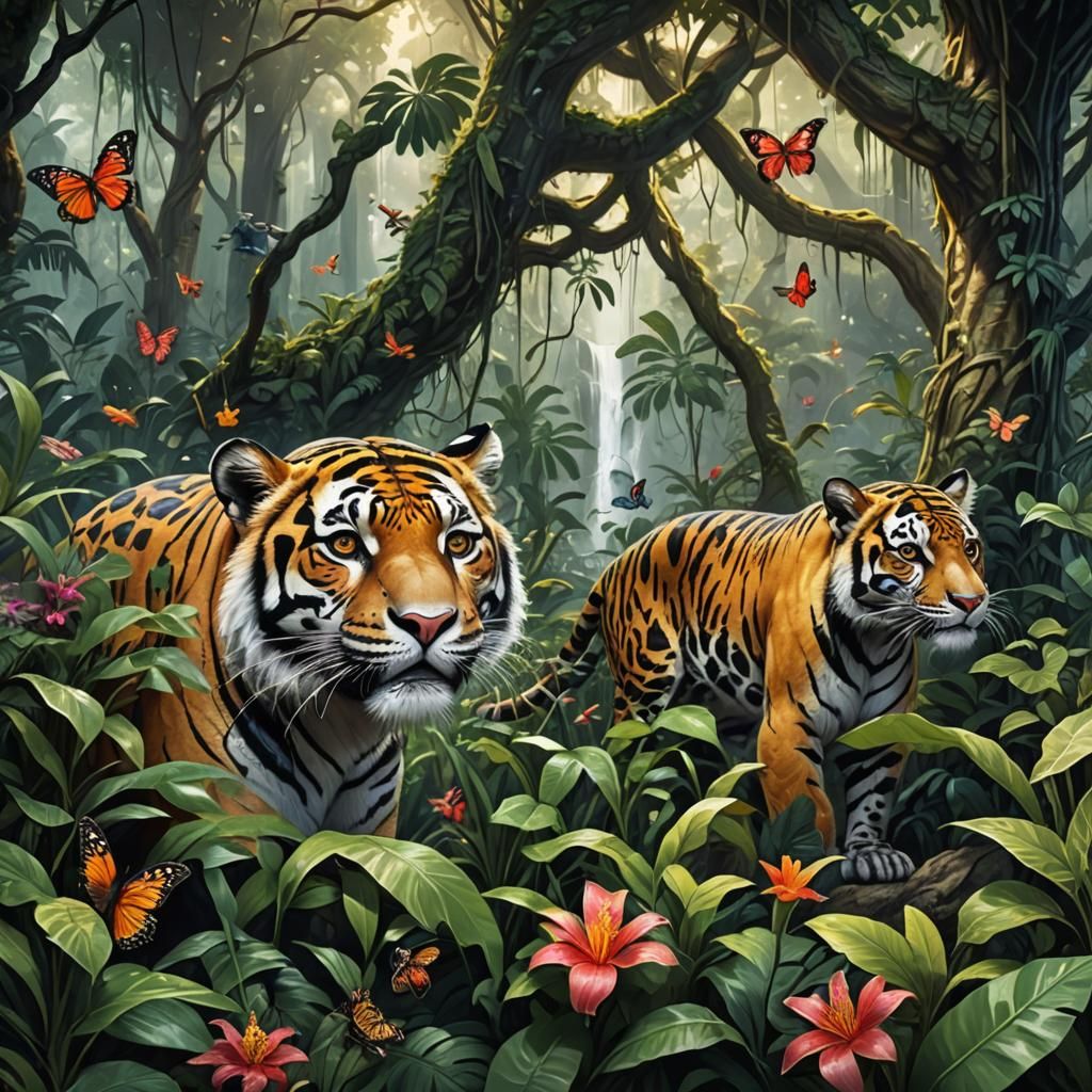Lush Jungle Scene with Exotic Animals