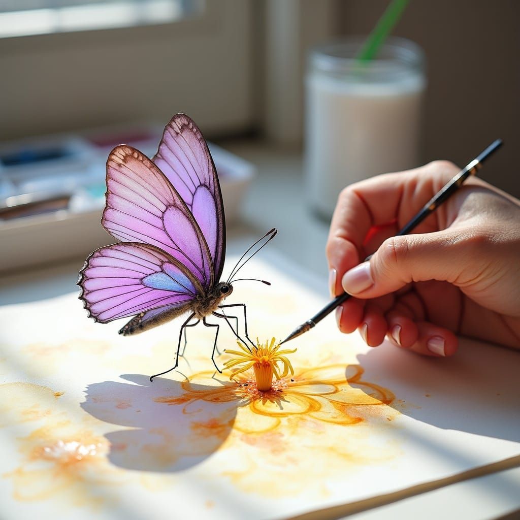 Butterfly Lands on Yellow Flower, Artist Paints Watercolor