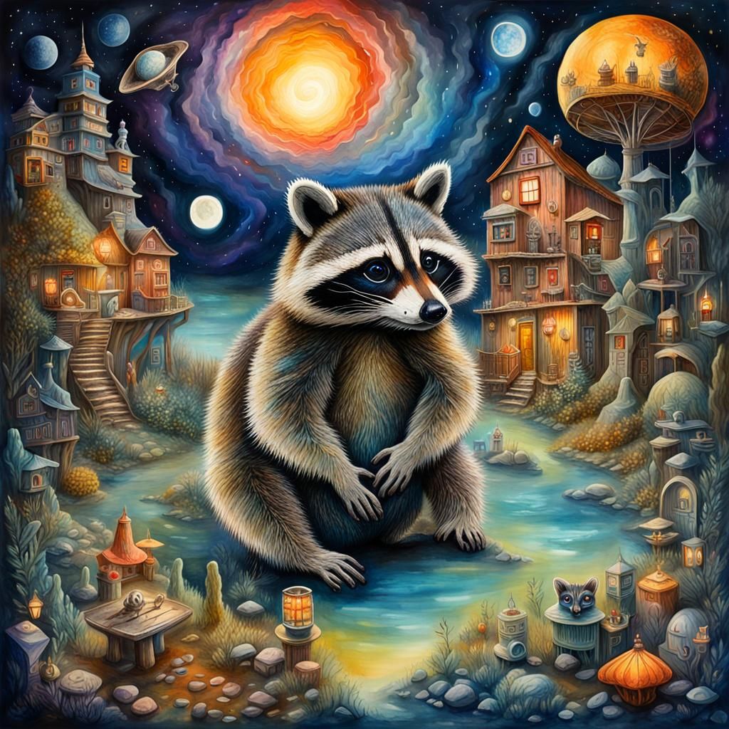 Bizarre Galactic Raccoon Diorama in Surrealist Style