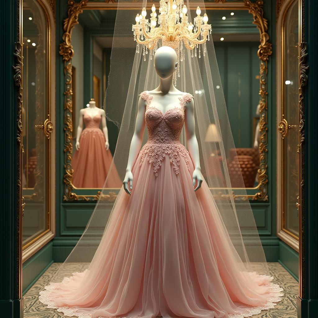 High-Fashion Mannequin in Silk Gown with Cobwebs