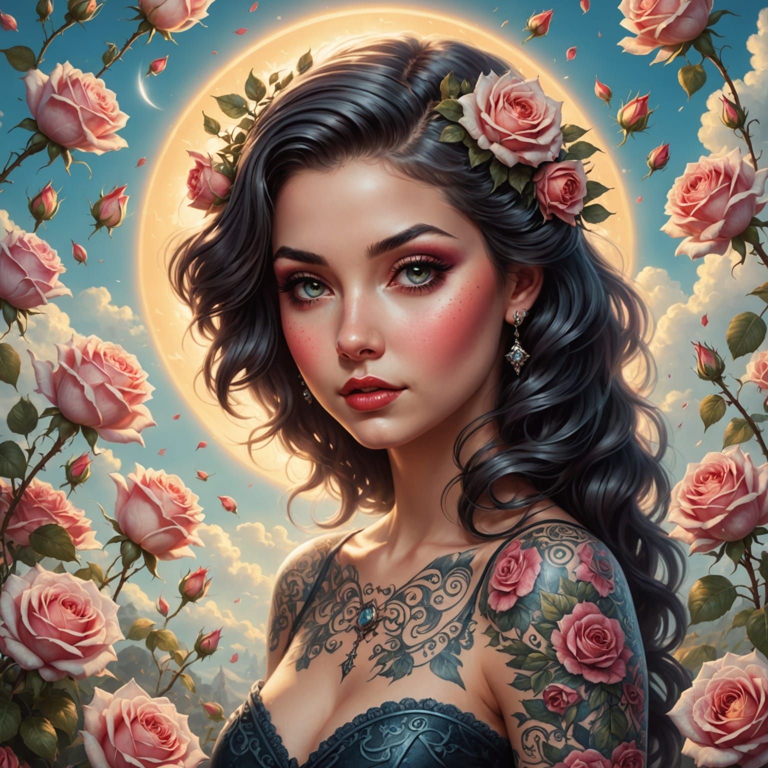 Ethereal Pinup Girl in a Whimsical Floral Wonderland