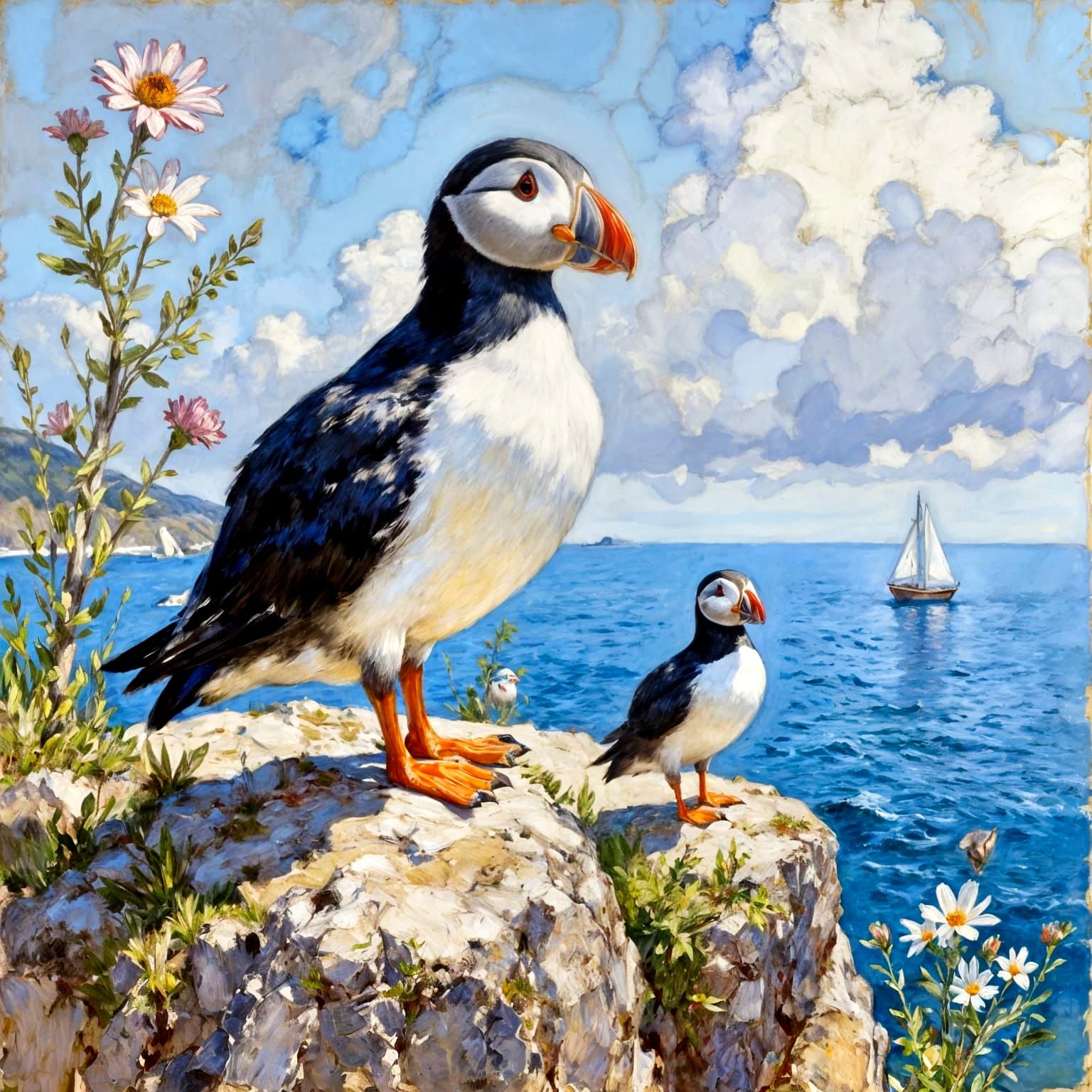 Impressionist Painting of Puffins in Monet Renoir Style