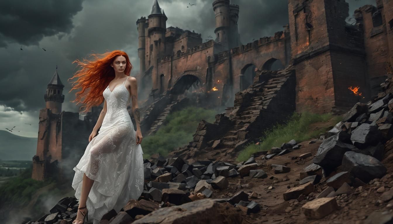 Tattooed Woman in Wedding Dress Climbs Ruined Castle