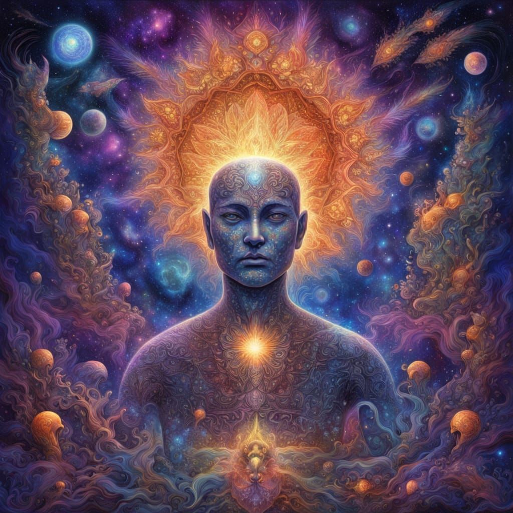 Cosmic Banana Bassoon with Smiling Robots in Astral Style