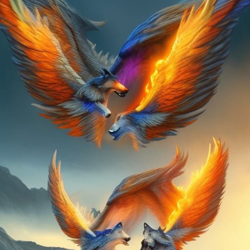 Wolf couple with wings (fire and ice)