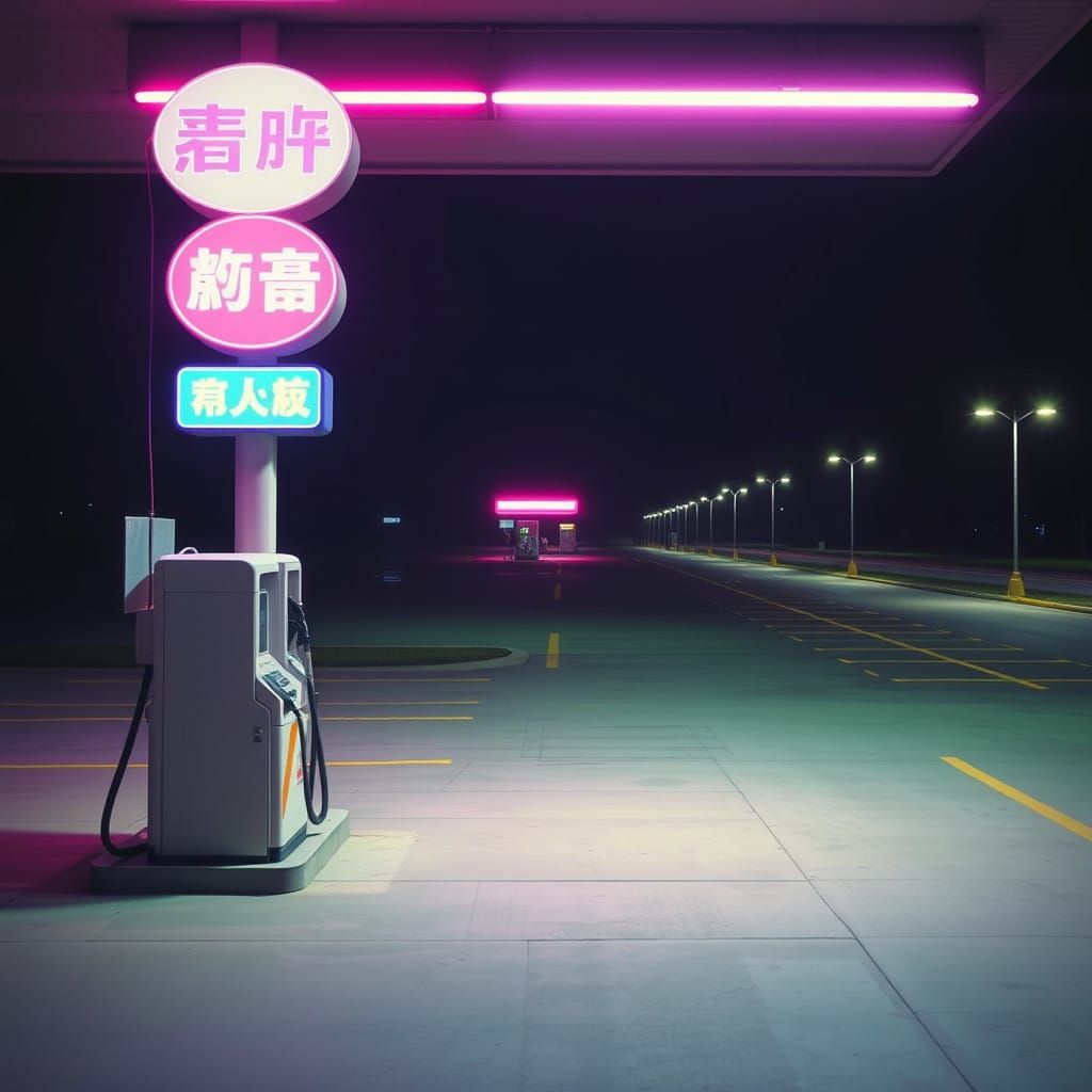 Muted Nighttime Gas Station Scene in Pastel Hues