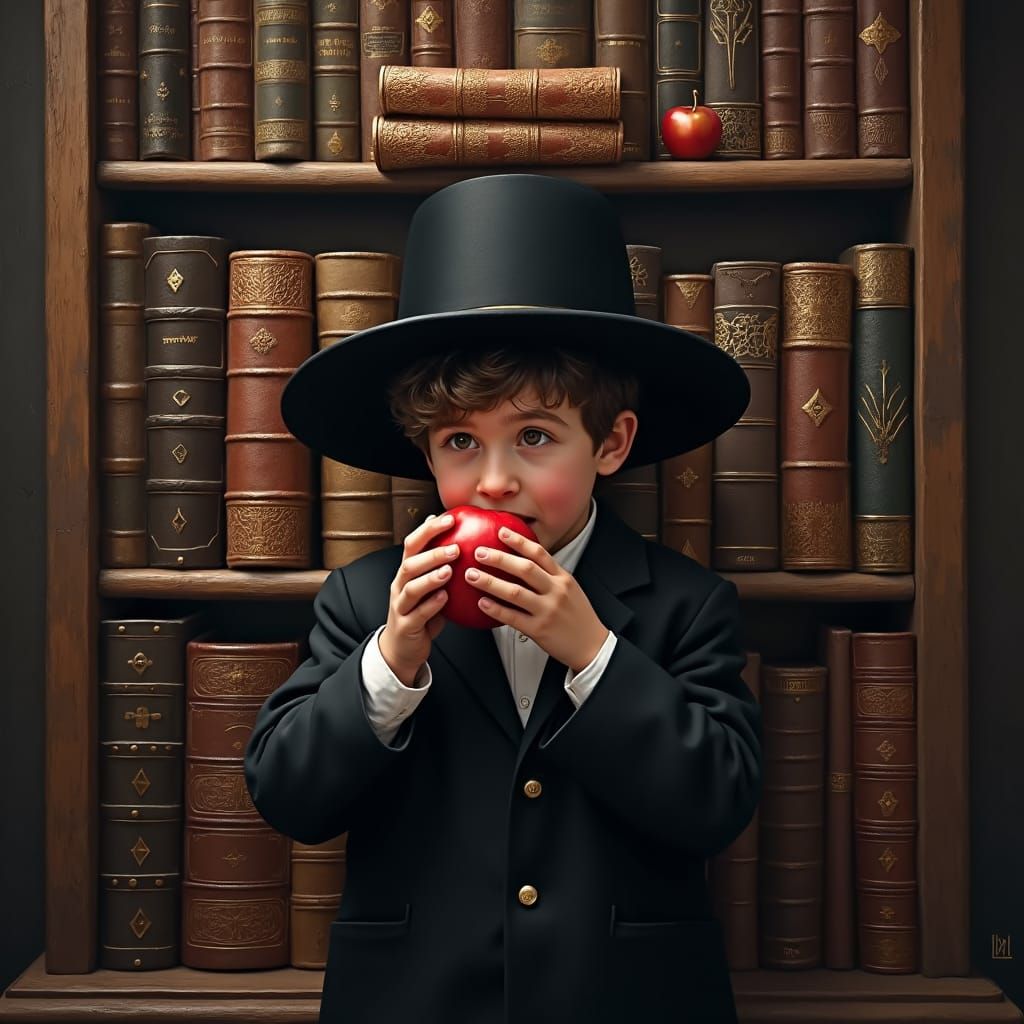 Orthodox Boy and Mystical Bookshelf in Digital Art
