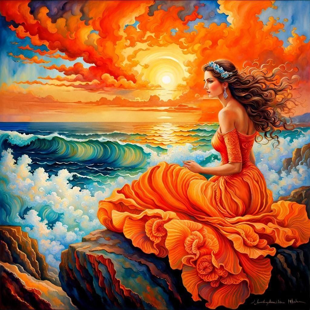 Charming Woman in a Vibrant Orange Seascape