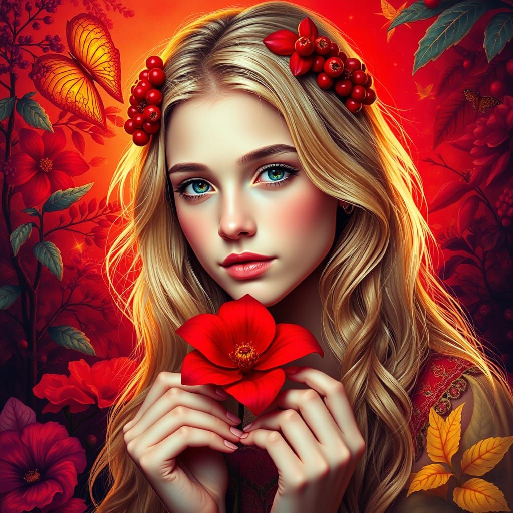 A captivating photorealistic photograph of a stunning young woman with long, golden locks, radiating an enchanting prese...