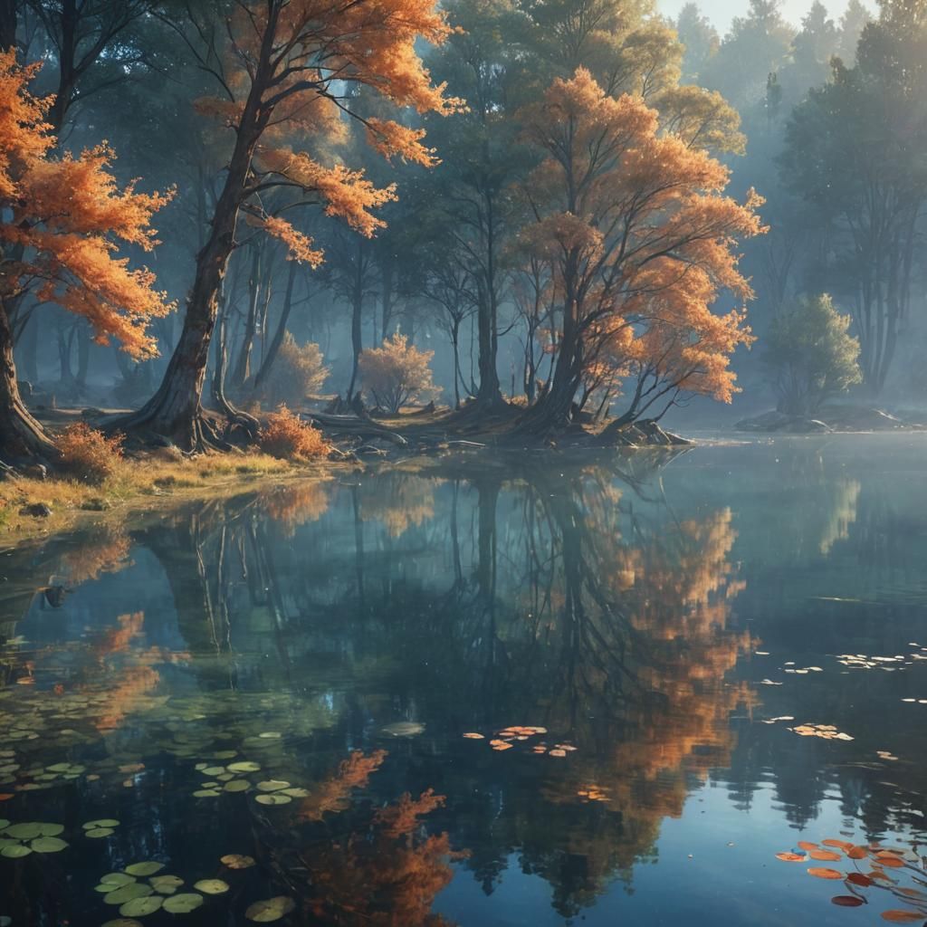 Serene Lake with Trees in Watercolor Style