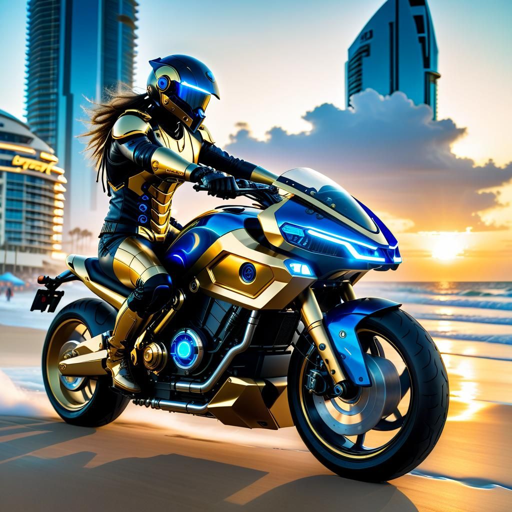 Cyberpunk Rider on Daytona Beach at Sunset