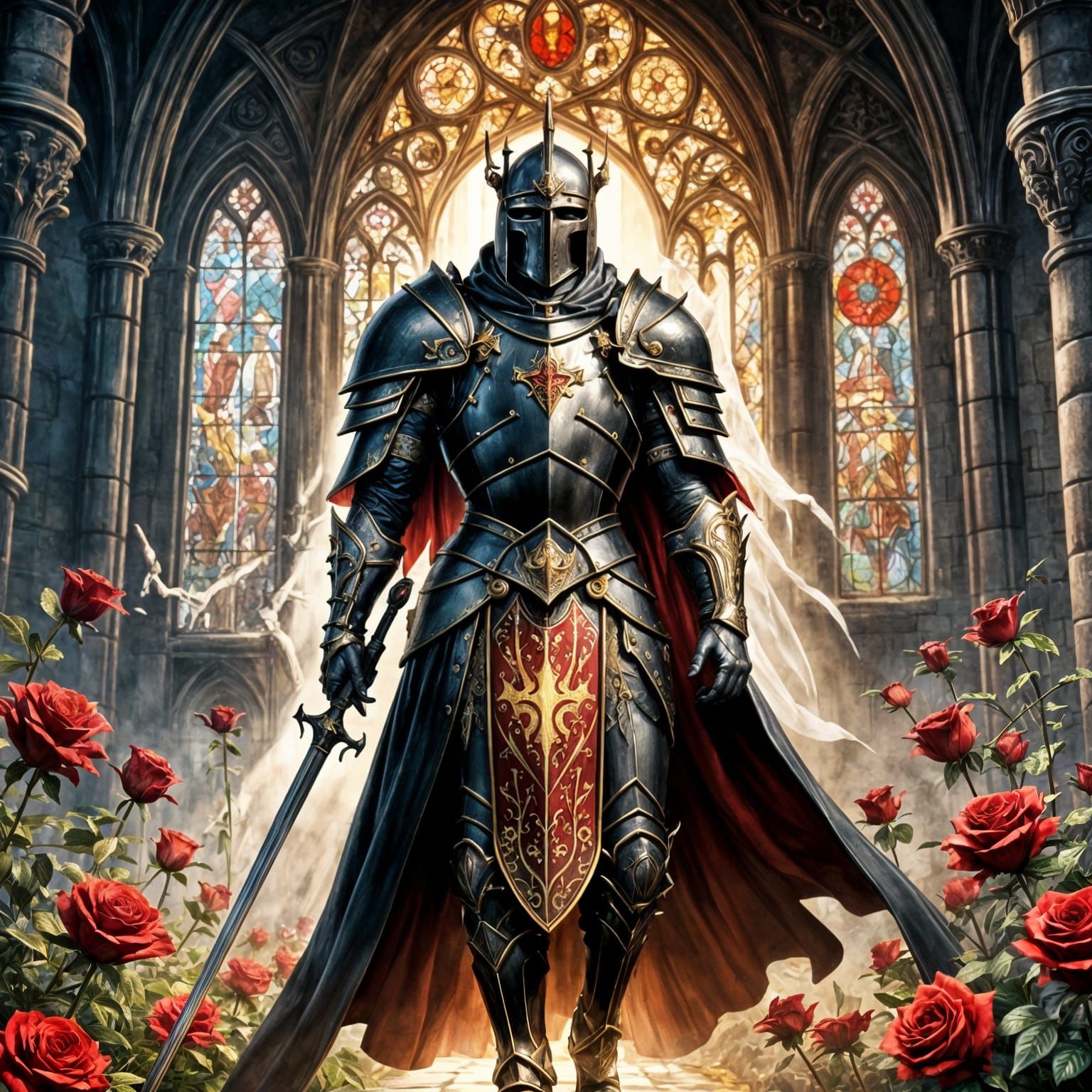 Gothic Dark Fantasy King in Heavy Armor with Golden Accents