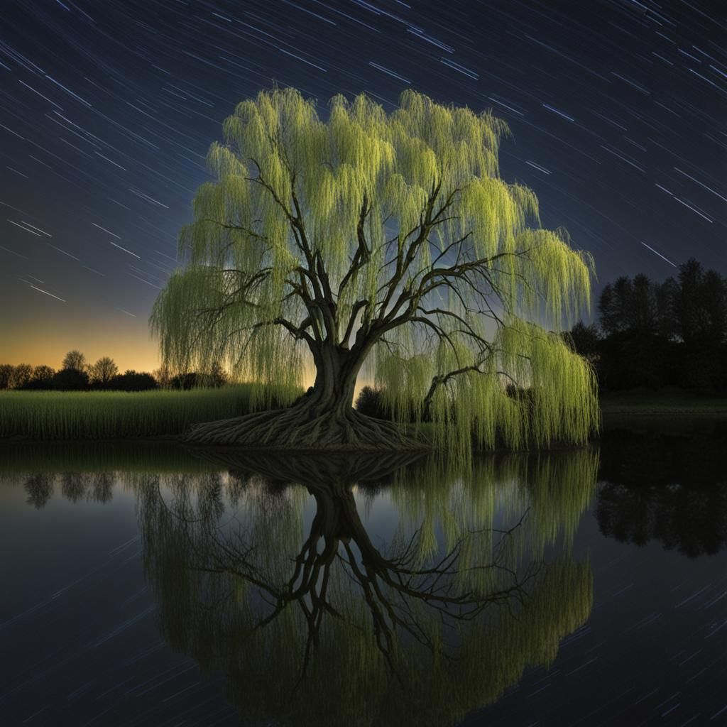 Moonlit Willow Tree Reflected in Water
